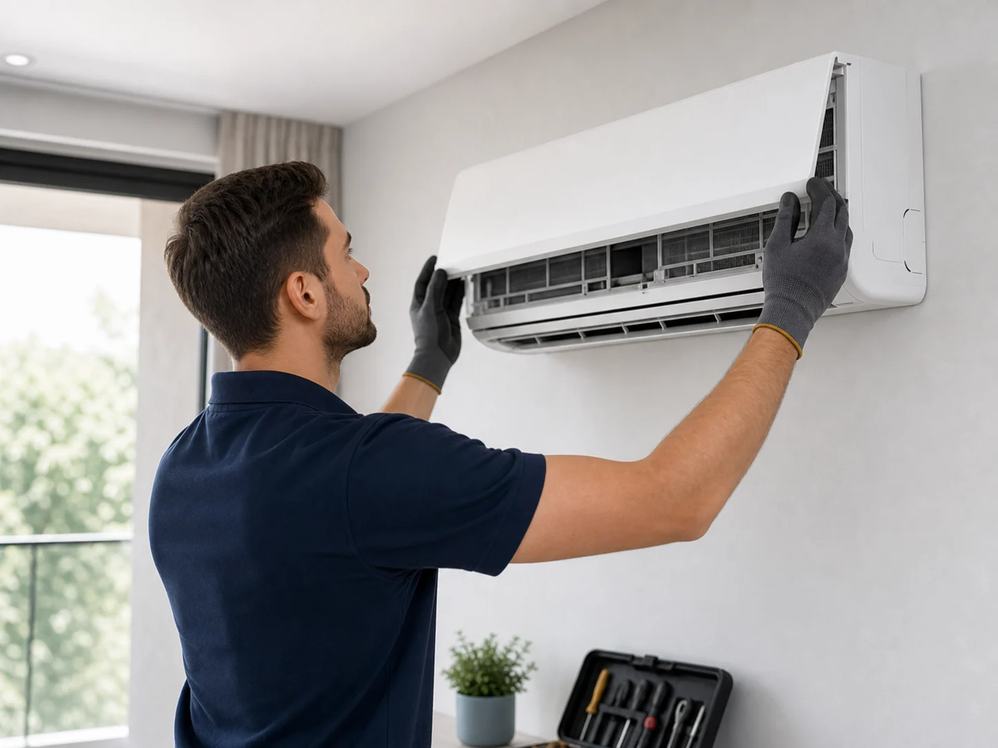 Tecnico cerrando unidad de aire acondicionado reparada