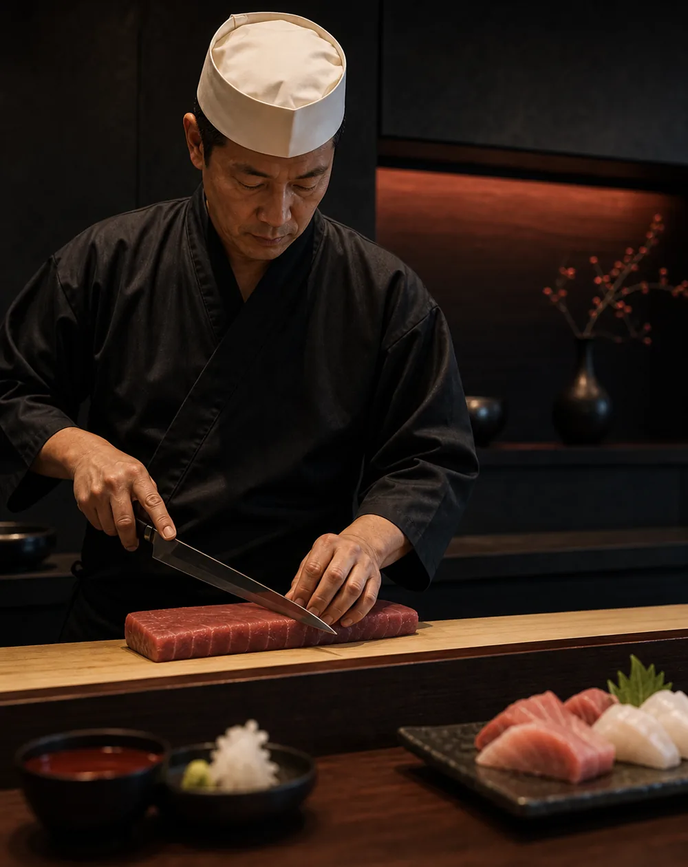 Chef itamae cortando pescado detrás de la barra