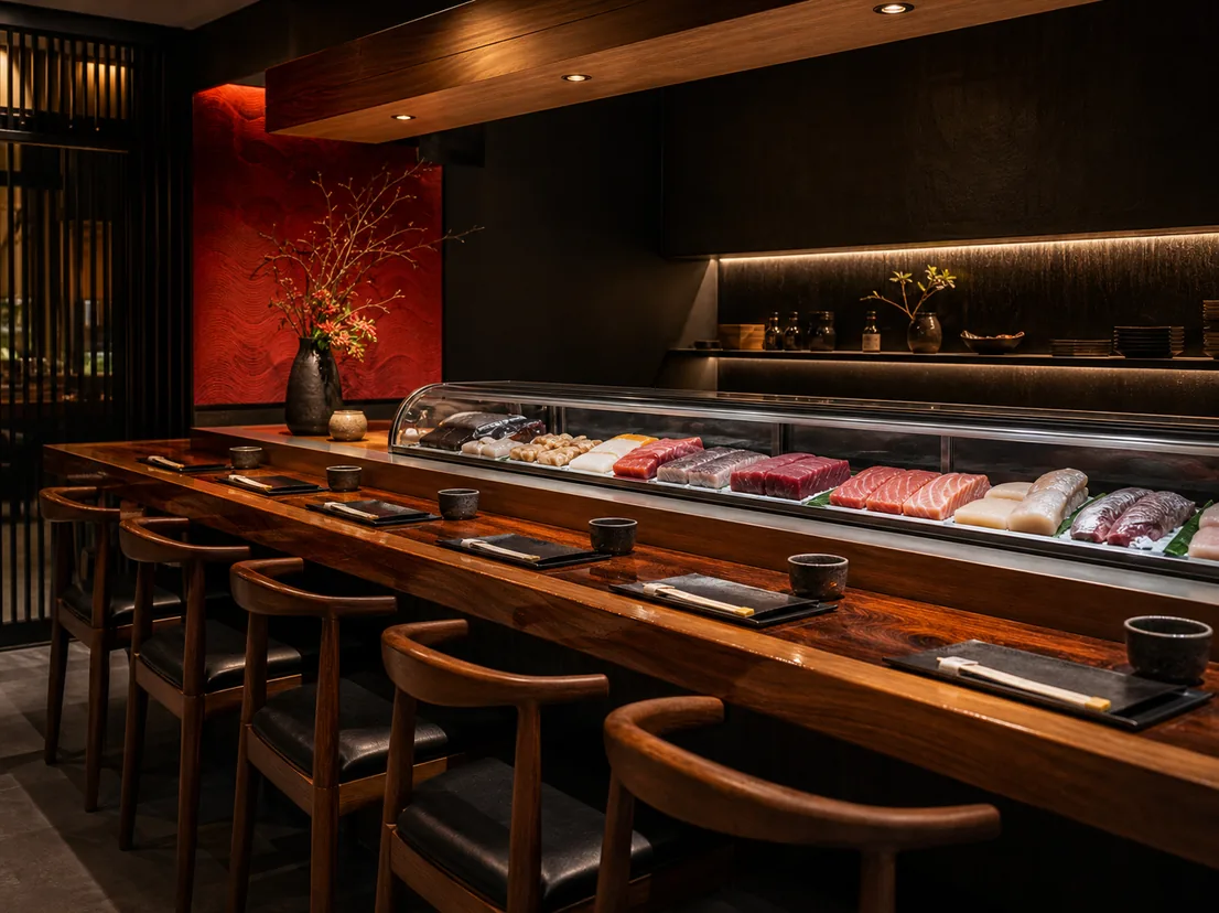 Barra de sushi tradicional con asientos de madera