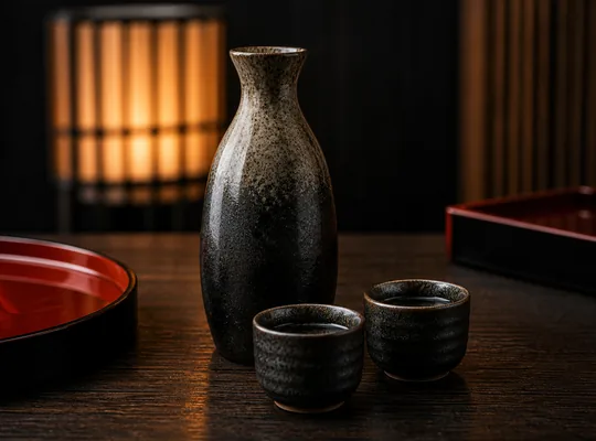 Botella de sake y vasos de cerámica sobre madera