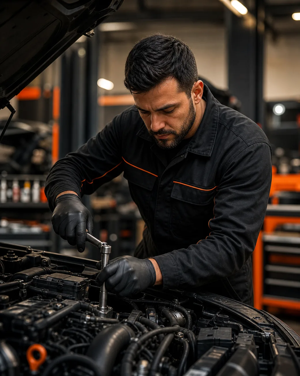 Mecánico con uniforme trabajando en el motor de un auto