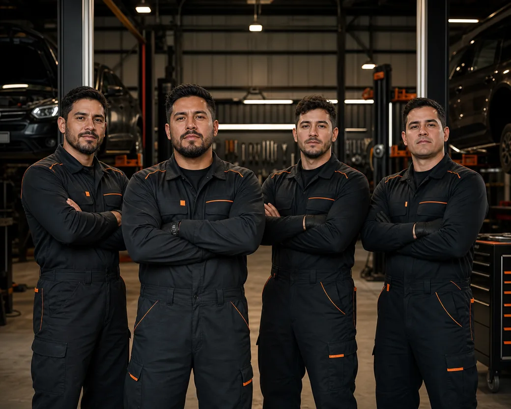 Equipo de mecánicos profesionales en el taller